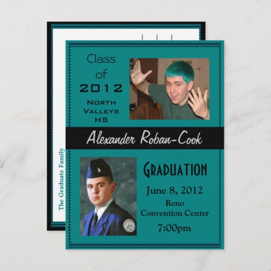 Blauwgroen en zwart Afstuderen Uitnodigingsaankond Uitnodiging Briefkaart (Voorkant / Achterkant)