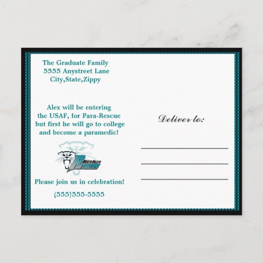 Blauwgroen en zwart Afstuderen Uitnodigingsaankond Uitnodiging Briefkaart (Achterkant)