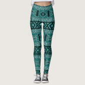 Blauwgroen en zwart Azteeks patroon Leggings (Voorkant)