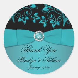 Blauwgroen en Zwart Bloemen 3"Rond Dank u Sticker