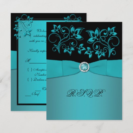 Blauwgroen en Zwart Bloemen Jeweled RSVP-kaart RSVP Kaartje (Voorkant / Achterkant)