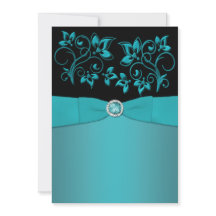 Blauwgroen en Zwart Bloemen Jeweled Wedding Invita