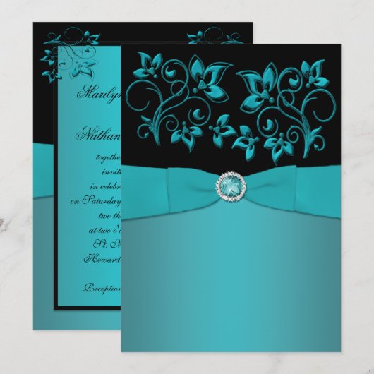 Blauwgroen en Zwart Bloemen Jeweled Wedding Invita Kaart (Voorkant / Achterkant)