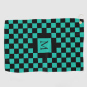 Blauwgroen en Zwart Checkerboard Patroon Monogram Golfhanddoek (Horizontaal)