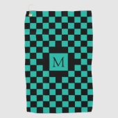 Blauwgroen en Zwart Checkerboard Patroon Monogram Golfhanddoek (Voorkant)