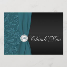 Blauwgroen en Zwart Damask Monogrammed Dankkaart Bedankkaart
