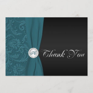 Blauwgroen en Zwart Damask Monogrammed Dankkaart Bedankkaart
