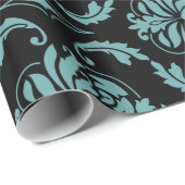 Blauwgroen en zwart  Damaspatroon Cadeaupapier (Rol Hoek)