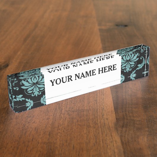 Blauwgroen en zwart  Damaspatroon Naambordje (Zijkant)
