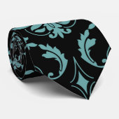 Blauwgroen en zwart  Damaspatroon Stropdas (Opgerold)