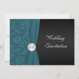 Blauwgroen en Zwart Damast Monogram Bruiloft Uitno Kaart