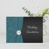Blauwgroen en Zwart Damast Monogram Bruiloft Uitno Kaart (Staand voorkant)