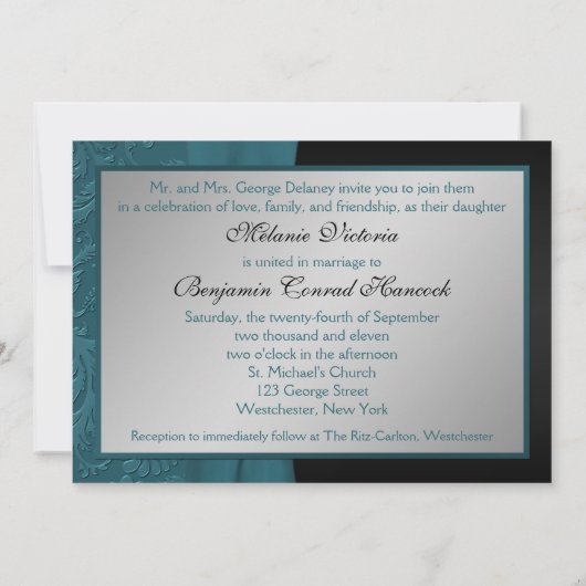 Blauwgroen en Zwart Damast Monogram Bruiloft Uitno Kaart (Achterkant)