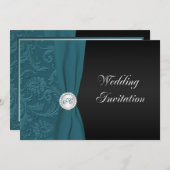 Blauwgroen en Zwart Damast Monogram Bruiloft Uitno Kaart (Voorkant / Achterkant)