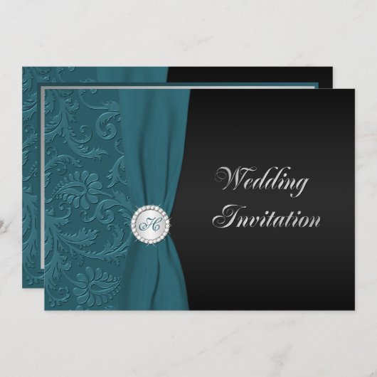 Blauwgroen en Zwart Damast Monogram Bruiloft Uitno Kaart (Voorkant / Achterkant)