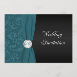 Blauwgroen en Zwart Damast Monogram Bruiloft Uitno Kaart