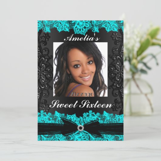  Blauwgroen en zwart, foto, gezoet 16 Uitnodigen Kaart (Staand voorkant)