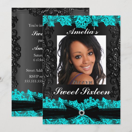  Blauwgroen en zwart, foto, gezoet 16 Uitnodigen Kaart (Voorkant / Achterkant)