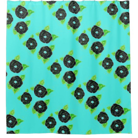 Blauwgroen en zwart gebloemd douchegordijn (Voorkant)