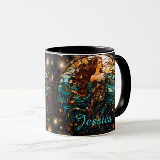 Blauwgroen en zwart Glas in lood Fantasy Zeemeermi Mok (Voorkant rechts)