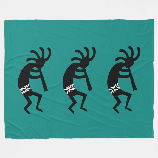 Blauwgroen en zwart Kokopelli zuidwest design Fleece Deken (Voorkant (Horizontaal))