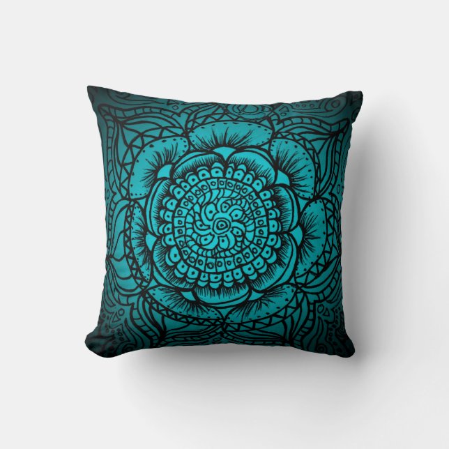 Blauwgroen en zwart Mandala Pillow Kussen (Voorkant)