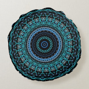 Blauwgroen en zwart Mandala Rond Kussen