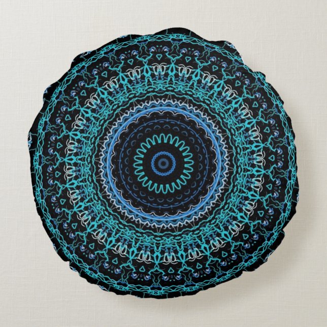 Blauwgroen en zwart Mandala Rond Kussen (Achterkant)