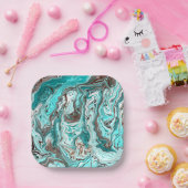 Blauwgroen en zwart marmer vloeibare kunst papieren bordje (Feest)