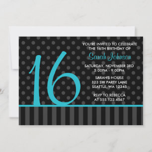 Blauwgroen en zwart poka Dot Stripes Sweet 16 Birt Kaart