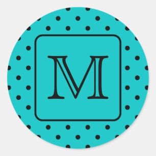 Blauwgroen en zwart poka-vlek. Aangepast monogram. Ronde Sticker
