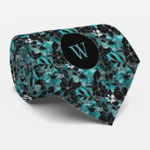 Blauwgroen en zwart Waterverf Floral Monogram Stropdas (Opgerold)