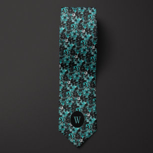 Blauwgroen en zwart Waterverf Floral Monogram Stropdas