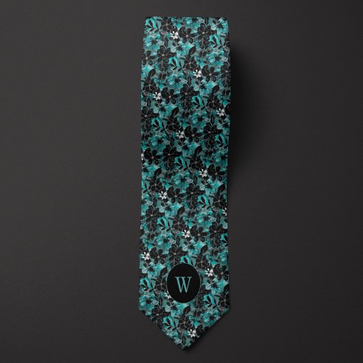 Blauwgroen en zwart Waterverf Floral Monogram Stropdas