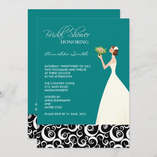 Blauwgroen en zwarte Bridal Shower-uitnodigingen Kaart (Voorkant / Achterkant)