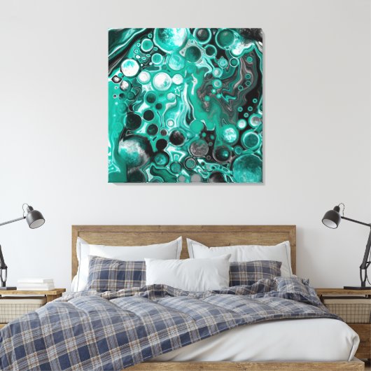 Blauwgroen en zwarte bubbels digitale vloeistofsce canvas afdruk (Insitu (Slaapkamer))