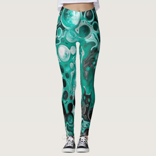 Blauwgroen en zwarte bubbels digitale vloeistofsce leggings (Voorkant)