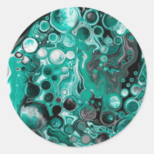 Blauwgroen en zwarte bubbels digitale vloeistofsce ronde sticker