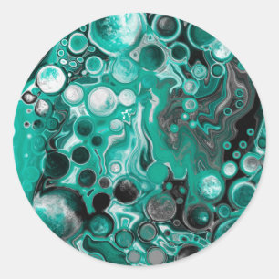 Blauwgroen en zwarte bubbels digitale vloeistofsce ronde sticker
