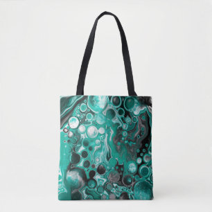 Blauwgroen en zwarte bubbels digitale vloeistofsce tote bag