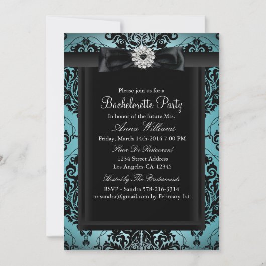 Blauwgroen en zwarte Damask Bachelorette Party Kaart (Voorkant)