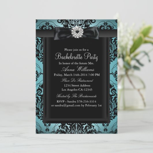 Blauwgroen en zwarte Damask Bachelorette Party Kaart (Staand voorkant)