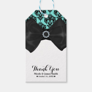 Blauwgroen en zwarte Damask Bling Bow Glam Sweet 1 Cadeaulabel
