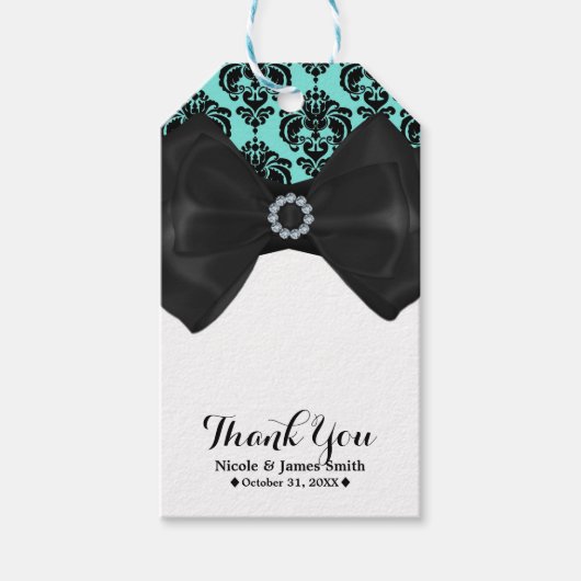 Blauwgroen en zwarte Damask Bling Bow Glam Sweet 1 Cadeaulabel (Voorkant)