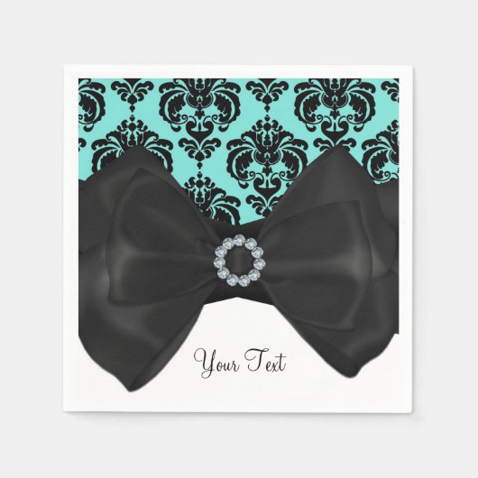 Blauwgroen en zwarte Damask Bling Bow Glam Sweet 1 Servetten (Voorkant)