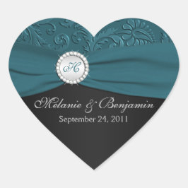 Blauwgroen en zwarte Damask Heart Shaped Sticker