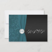 Blauwgroen en zwarte Damask Monogrammed RSVP-kaart Kaart (Voorkant)