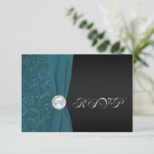 Blauwgroen en zwarte Damask Monogrammed RSVP-kaart Kaart (Staand voorkant)