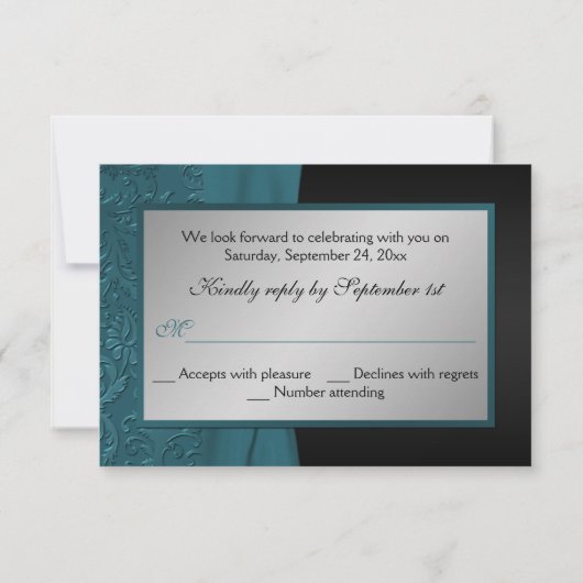 Blauwgroen en zwarte Damask Monogrammed RSVP-kaart Kaart (Achterkant)