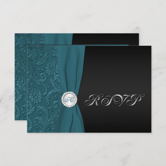 Blauwgroen en zwarte Damask Monogrammed RSVP-kaart Kaart (Voorkant / Achterkant)
